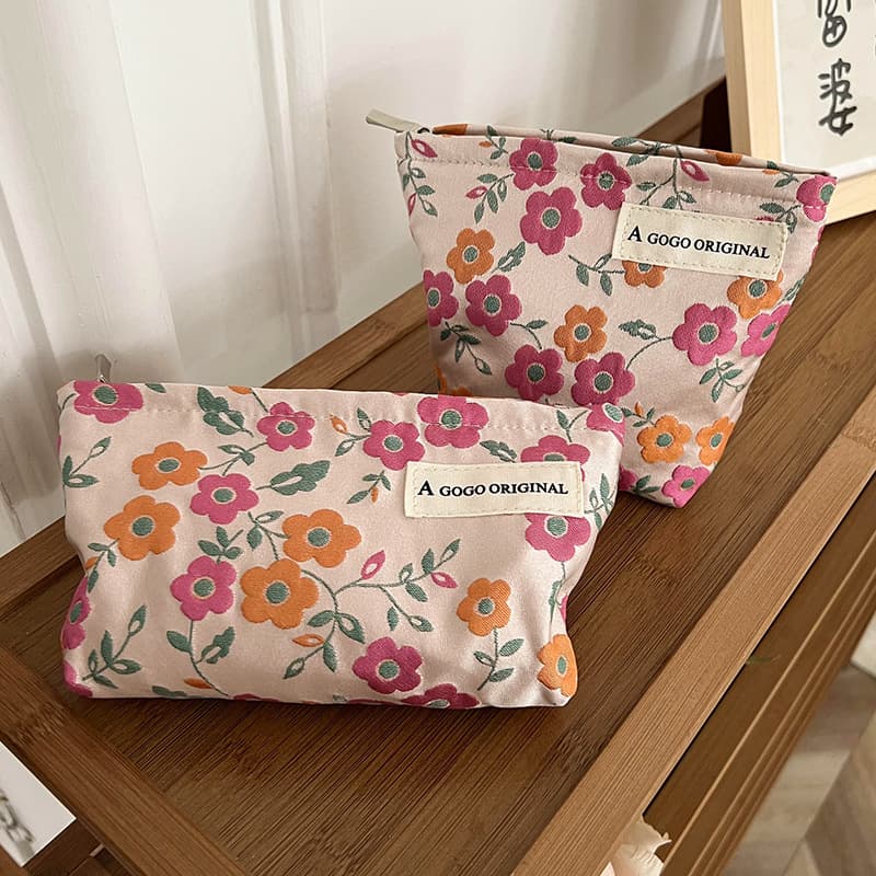 Pink Orange Floral Print Makeup Bag, Long-Style Storage for Mascara and Facial Cleanser, Portable Touch-Up Bag for Women, In Stock
