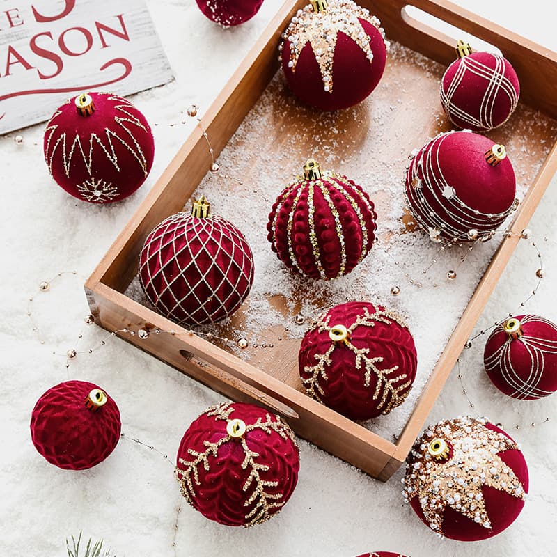 Nuchi New 8cm Christmas Decorative Balls Red Velvet Painted Christmas Ornaments Hanging Balls for Christmas Tree Decoration