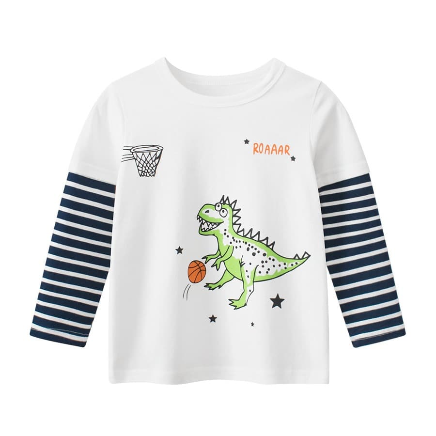 27kids brand children's clothing autumn new style 2025 cross-border children's long-sleeved T-shirt men's bottoming shirt fake two-piece dinosaur
