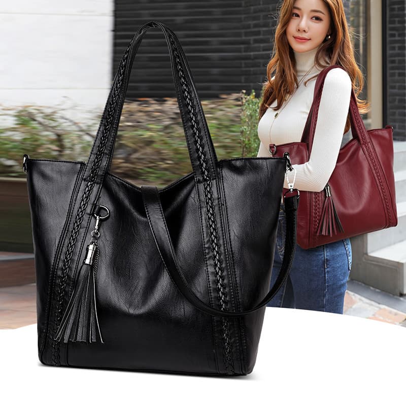 Cross-Border Retro Woven Large-Capacity Shoulder Bag with Tassels, Soft Leather Commuter Tote Bag, High-End Women's Bag, Retro Woven