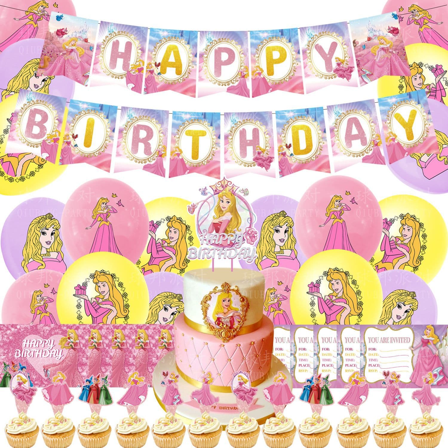 Sleeping Beauty Party Supplies Princess Aurora Birthday Balloon Set Flag Banner Invitation Card Party Decoration