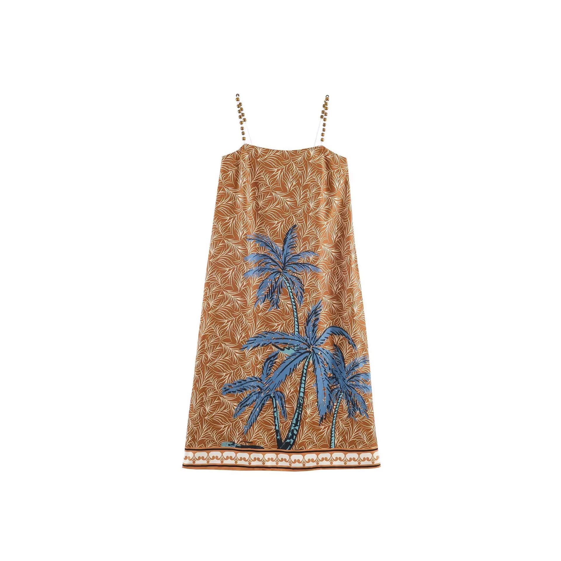Cross-border Trade 2026 Summer Niche Design Fashion Beaded Coconut Tree Print Vacation Style Camisole Dress for Women