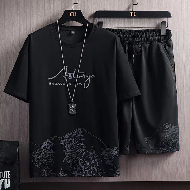 Men's Short Sleeve T-Shirt Set New Summer Mountain Print Fashion Trendy Korean Slim Fit Plus Size Sports Two-Piece Set