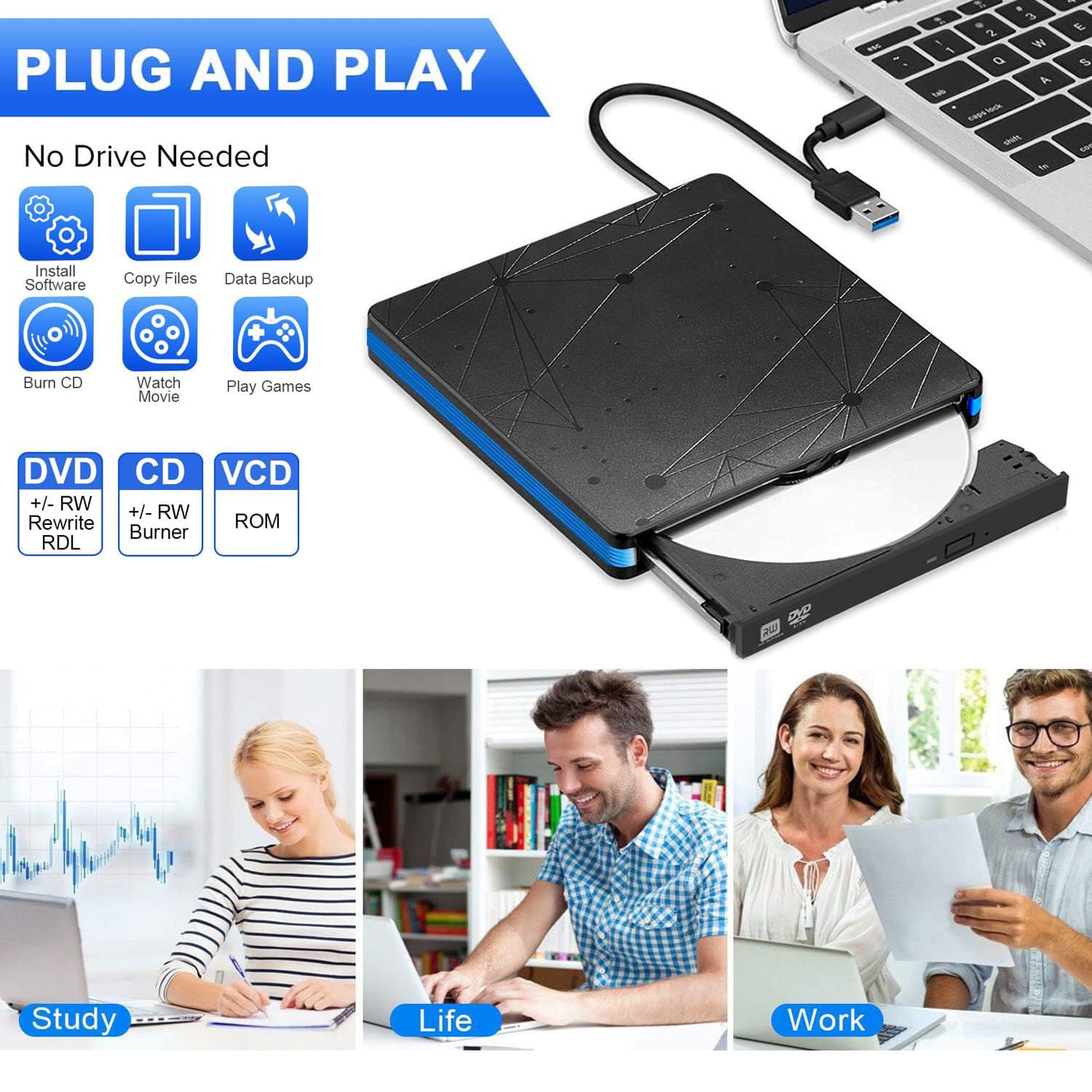 Tray-style Portable External Optical Drive for Desktop, External Drive for Laptop, Burner for Reading/Writing Discs