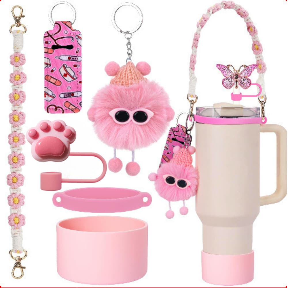 Stanley Cup Cat Paw Straw Cap Silicone Insulated Cup Sleeve Flower Handle Strap Pom Pom Charm Lipstick Case Set