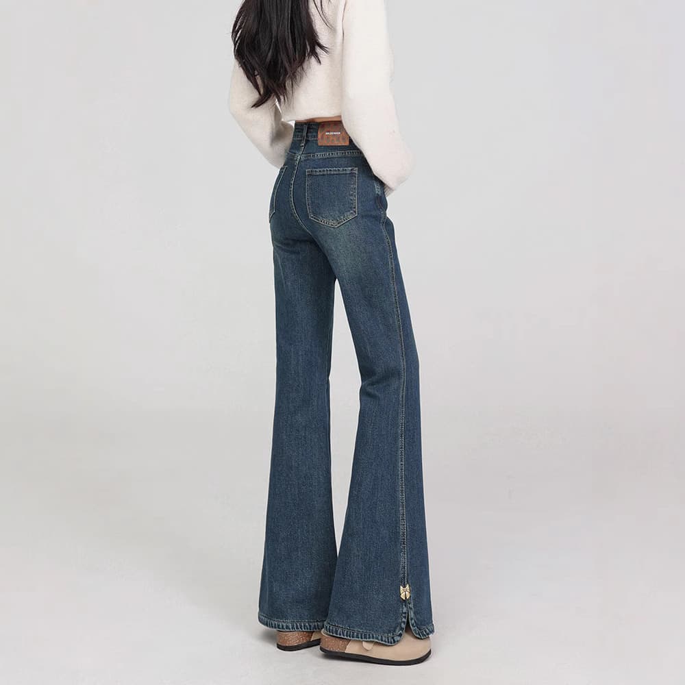 Spring New Blue High-Waist Split Jeans for Women, Korean Slim Flared Bootcut Pants, Non-Clinging Long Legs