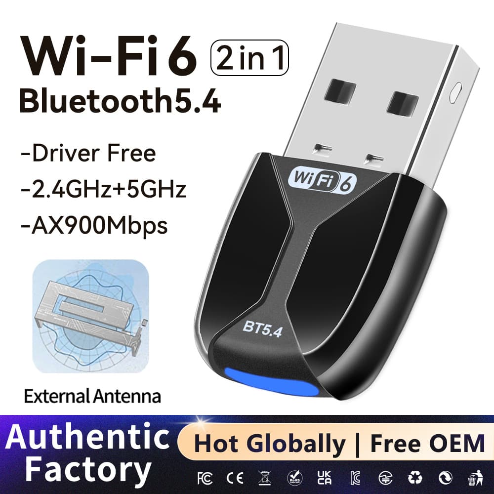 External USB Network Receiver Transmitter 900M Wireless WiFi6 Driver-Free Bluetooth 5.4 2-in-1