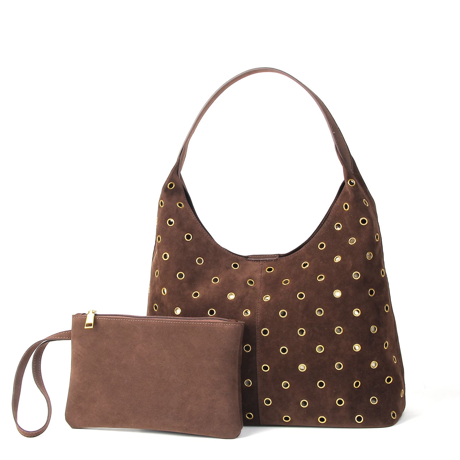 Cross-border Autumn/Winter New Retro Brown Rivet Large Capacity Shoulder Bag Metallic Cutout Handbag Casual Women's Bag
