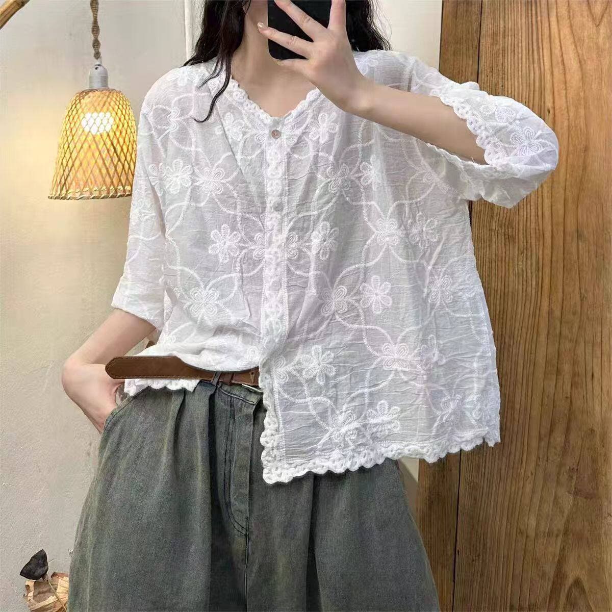 Korean Lace Jacquard Embroidered Three-Quarter Sleeve Blouse for Women Summer Plus Size Thin White Open-Front Cardigan Jacket 521