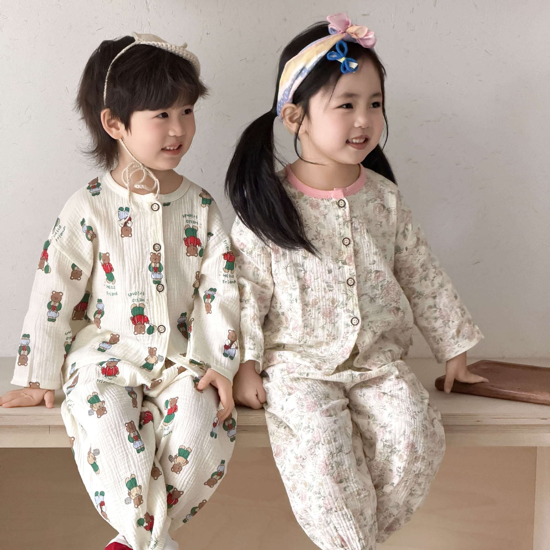 Children's Cartoon Pajamas Baby Cotton Gauze Homewear Boys Gauze Short-Sleeve Sleepwear Girls Set