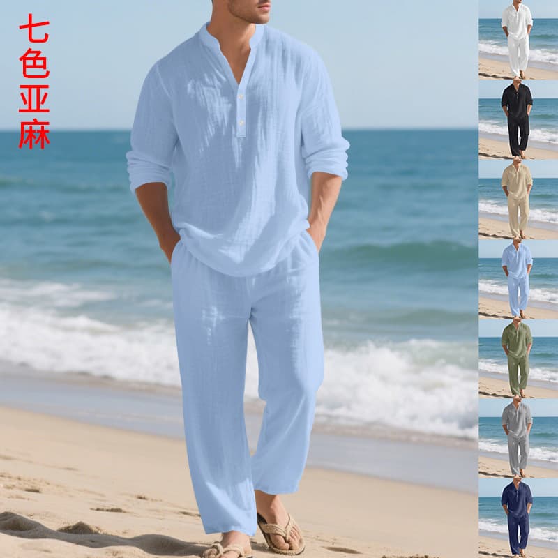 Men's New Hawaiian Linen Breathable Beach Casual Loose Long Sleeve and Long Pants Set
