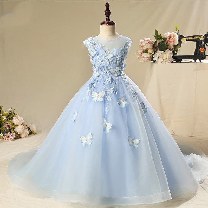 Children's Princess Dress with Train for Runway, Wedding Flower Girl Dress, Little Hostess Girl Piano Performance Costume
