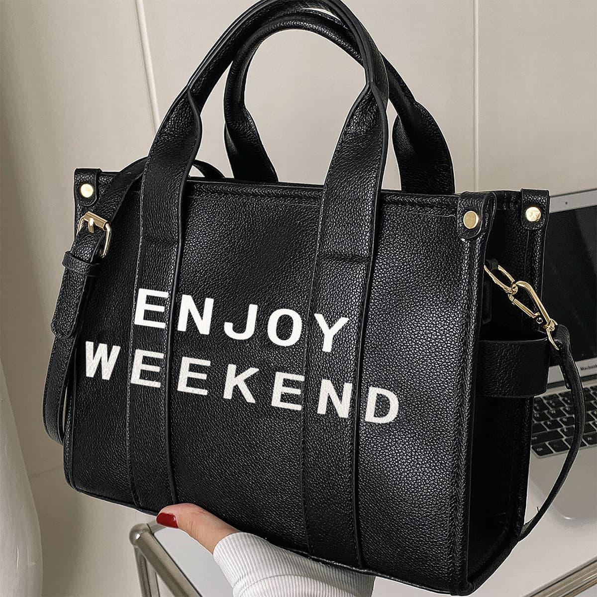 Fashionable Large Capacity Pure Color Lychee Pattern Women's Single Shoulder Tote Bag Urban Minimalist Style PU Material