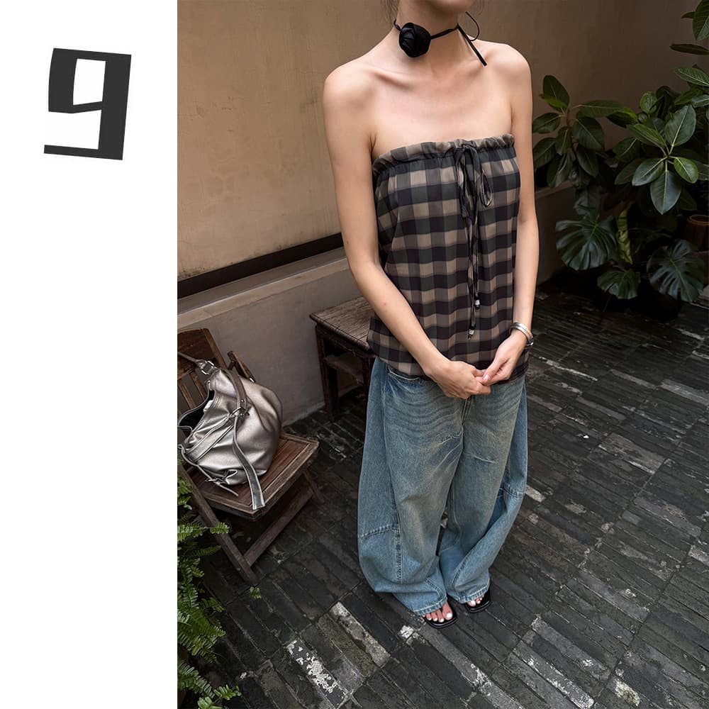 [9hour] French Grid Lace-Up Strapless Tube Top for Women Summer Sexy Loose Backless Blouse M5712