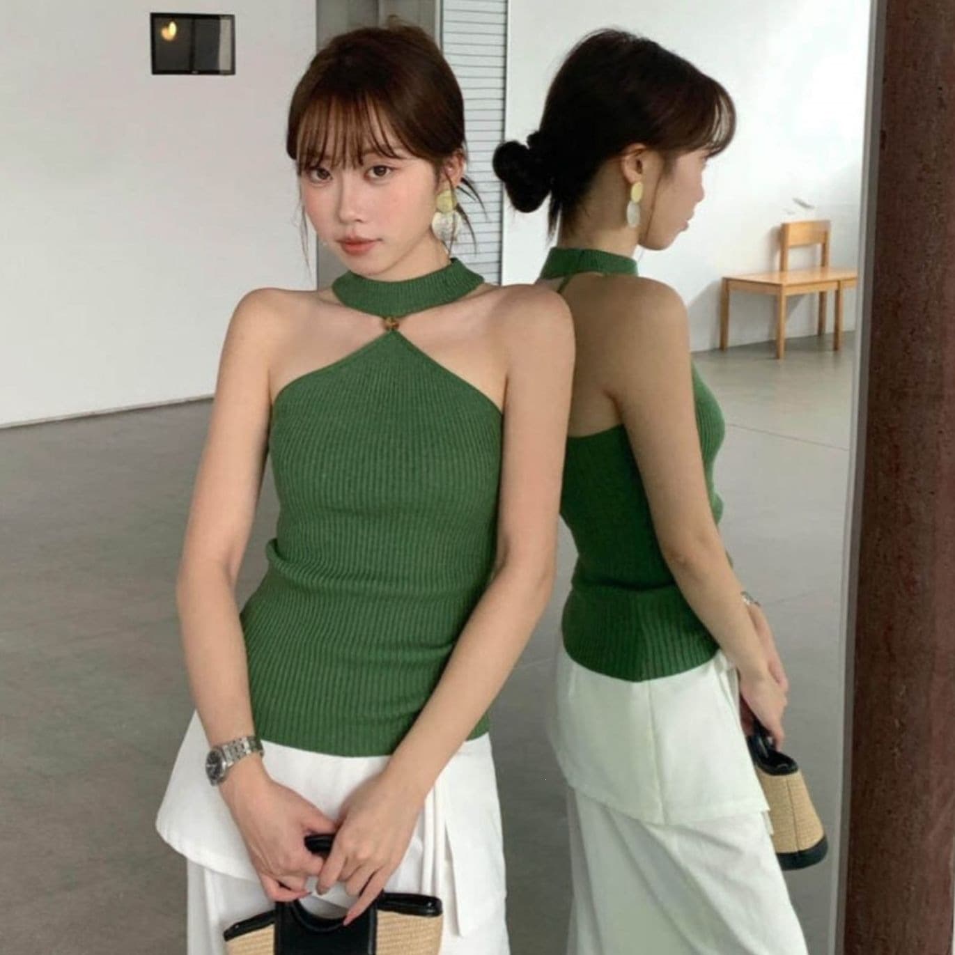 French Design Knit Halter Tank Top for Women, Inner or Outer Wear, Summer, Slimming, Short, Sleeveless Top