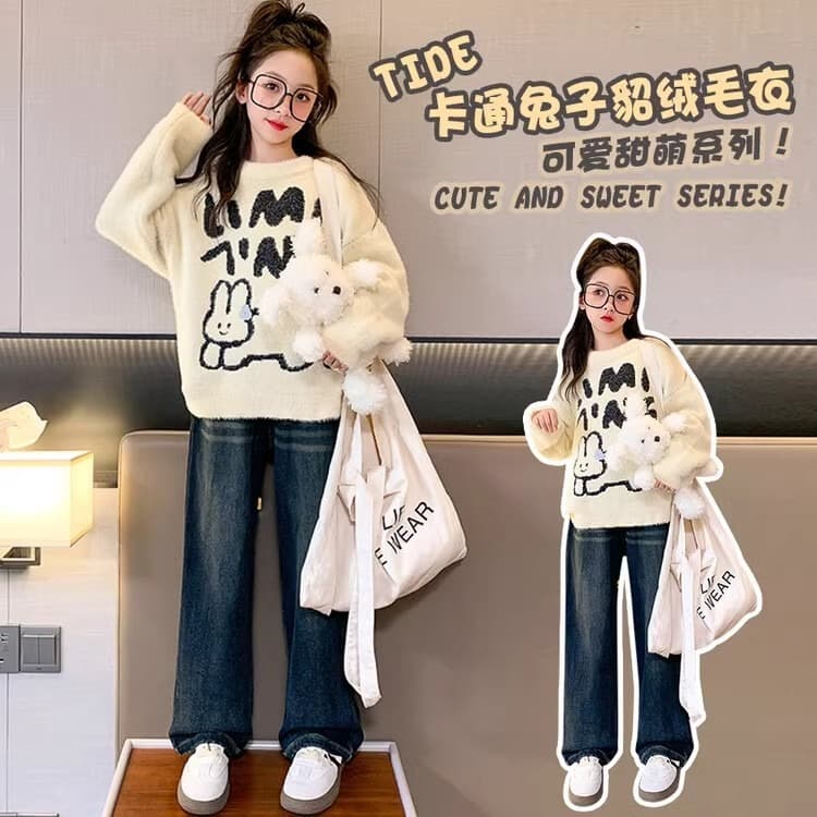 Girls' Mink Knit Sweater Thickened Autumn/Winter 2026 New Stylish Mid-Large Kids Pullover Cartoon Rabbit Knit Top