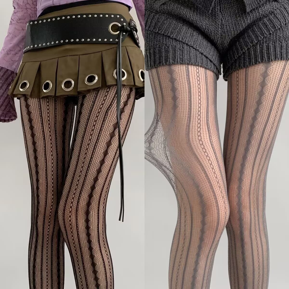 Cross-Border Vertical Stripe Cable Knit Y2K Ballet Retro Lace Diamond Cable Sexy Fishnet Slimming Pantyhose Thin