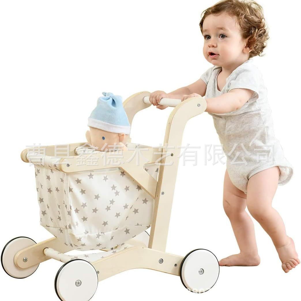 Cross-border wooden baby stroller baby toddler toy play house doll stroller wooden children's toy car