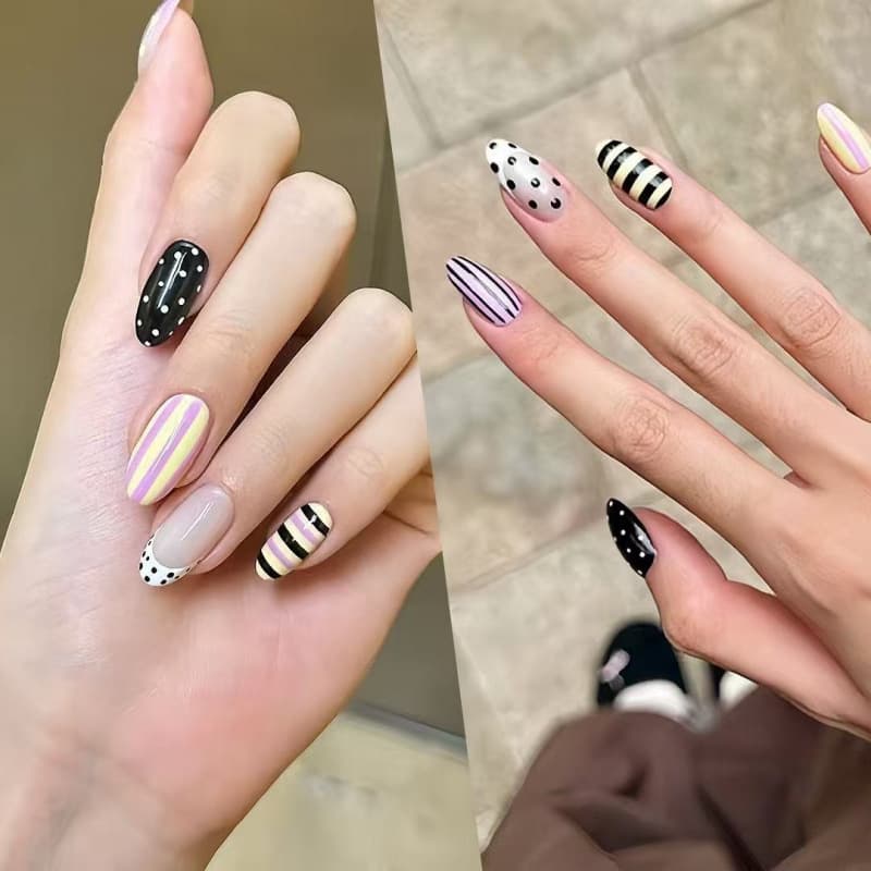 New Macaron Candy Press-On Nails Dopamine Colorful Striped Sweet Girl Detachable Nail Tips