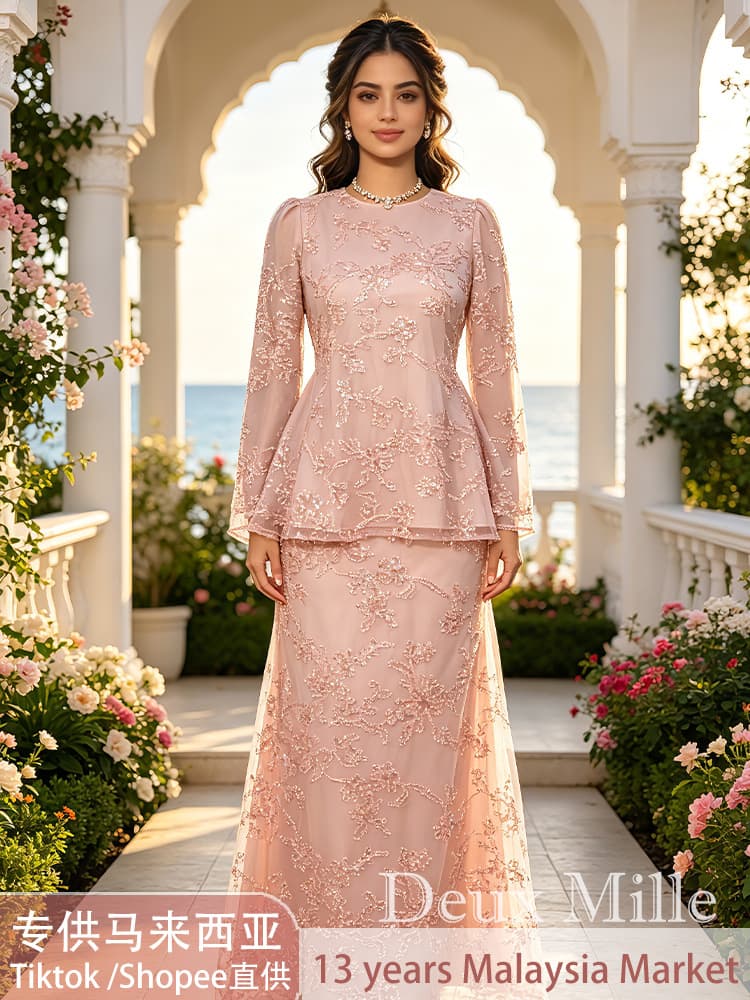 Cross-border Malay Baju kurung evening dress large size mesh Labuci embroidered two-piece women's clothing factory