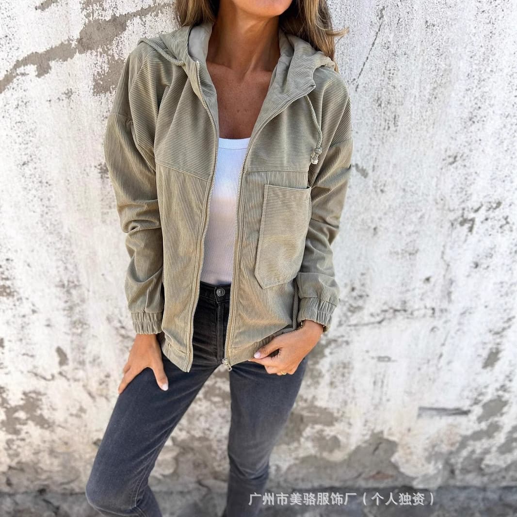 Independent Station Cross-Border Hot Sale Autumn New Solid Color Jacket Women's European and American Simple Style Corduroy Hooded Jacket Women