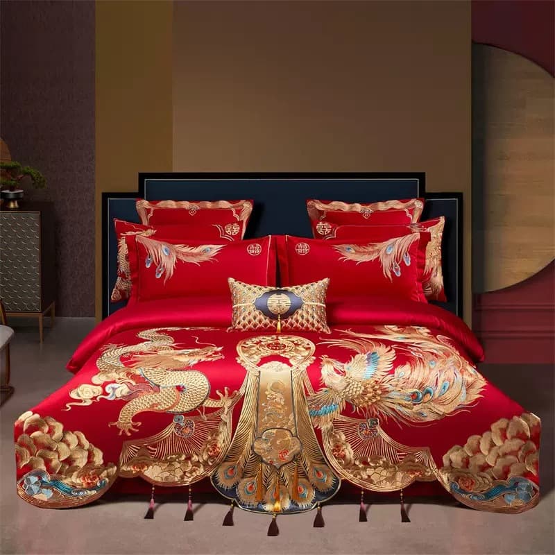 High-end light luxury 160-count long-staple cotton satin embroidery four-piece wedding set, cotton red six-piece wedding set, and ten-piece set