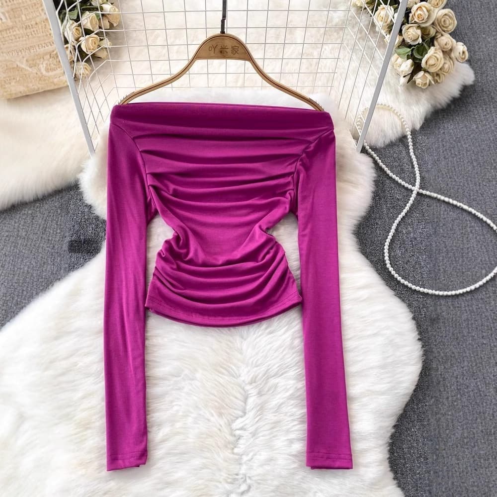 Cross-border Ruffled Off-Shoulder Slim Fit T-Shirt for Women, Sweet and Chic Design with Collarbone Accent, Inner Layer Top
