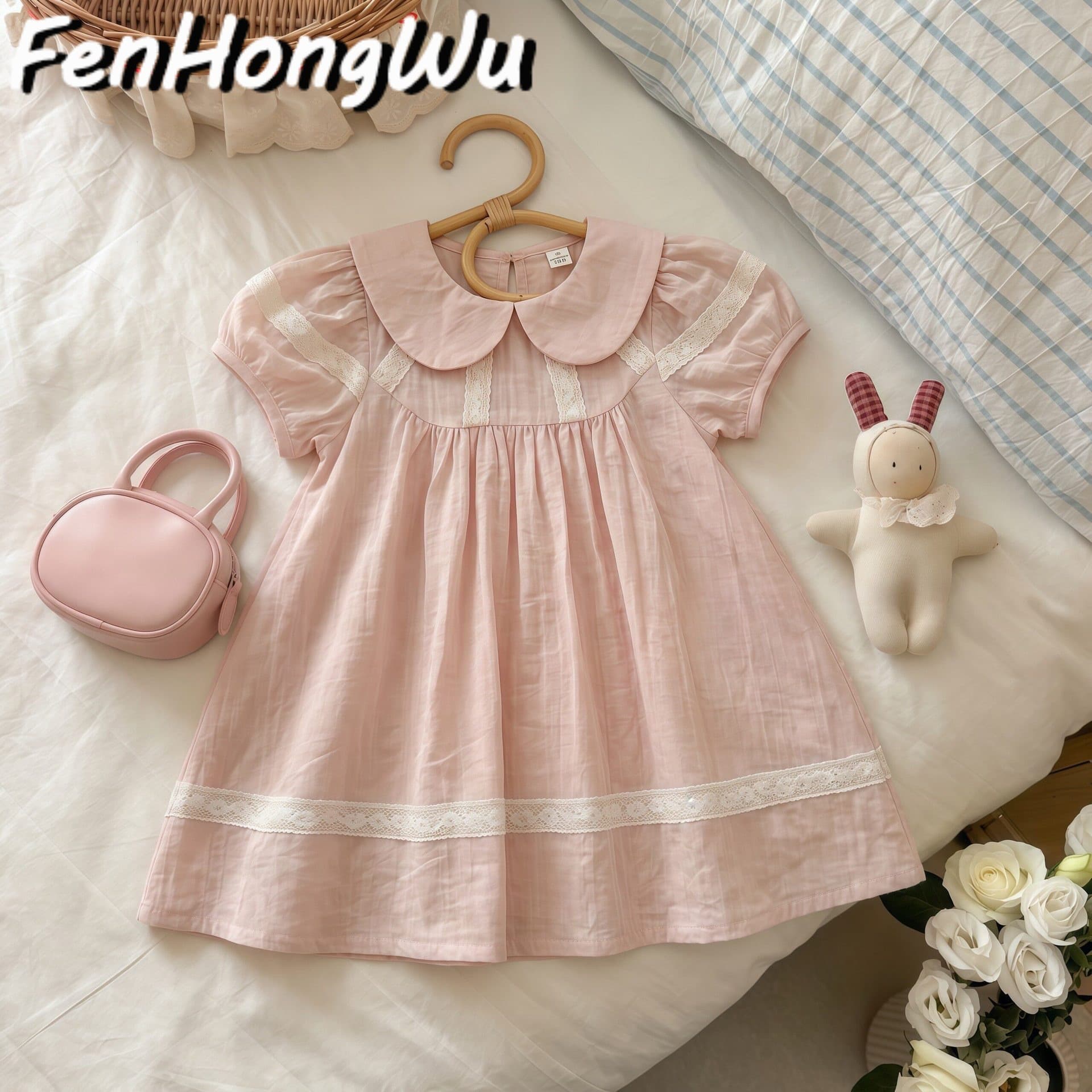 Pink House Girls Girly Dress Summer 2026 New Baby Doll Neck Puff Sleeve Lace Tencel Dress