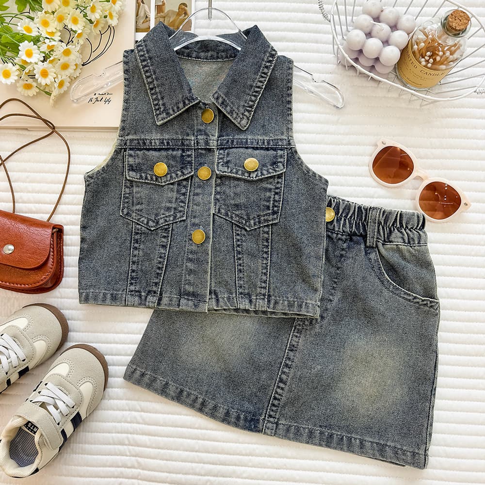 Girls denim vest and skirt set 2026 new Korean style sleeveless denim jacket and skirt set for small and medium-sized children