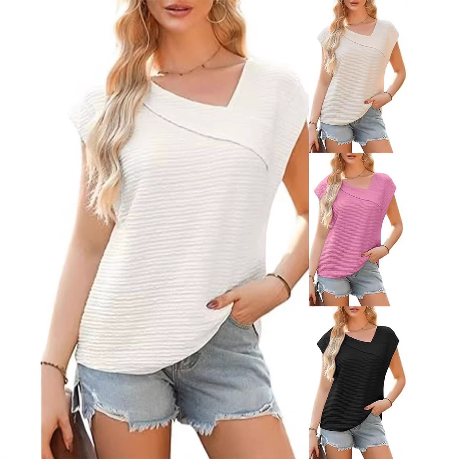 Amazon 2026 European and American Cross-border Women's Summer Fashion Asymmetric Neck Short Sleeve Casual Blouse T-Shirt