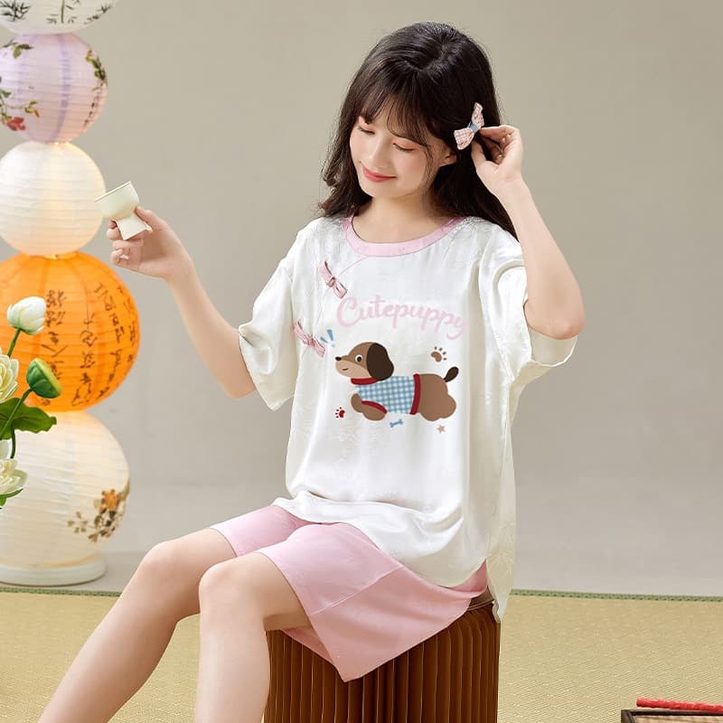 Girls Summer New Chinese Style Pajama Short Sleeve Air Conditioning Suit Satin Silk Teenager Girls Homewear Set