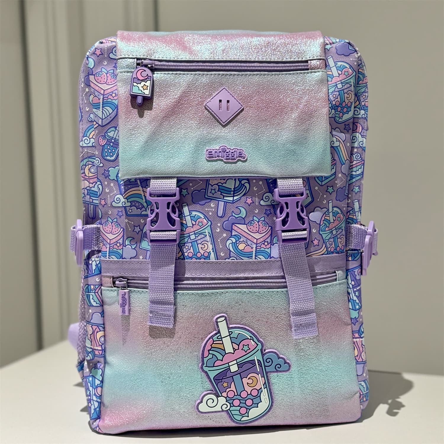 Australia Smiggle Decompression Backpack Extra Large Purple Water Bottle Rainbow Ball Backpack Spine Protection High Grade Junior High School