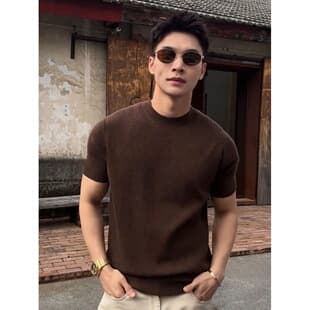 Old Money Style Ice Silk Knit Short Sleeve Men Spring Cuffed Vertical Stripe T-Shirt Mature Casual Fitness Half Sleeve