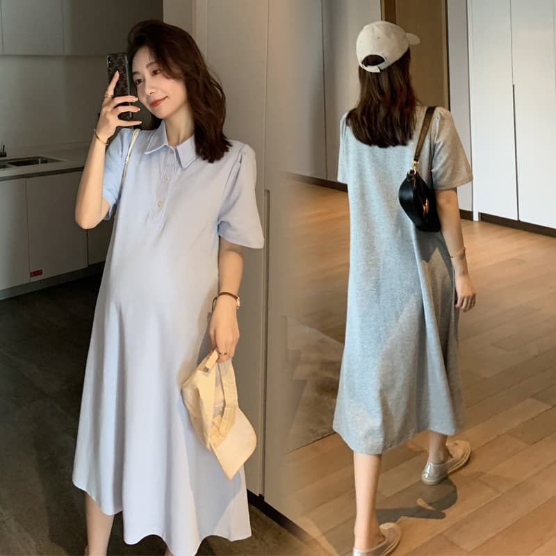 Maternity Summer Dress Solid Color Turn-down Collar Short Sleeve Loose Plus Size Midi Maternity Shirt Stylish T-Shirt Dress