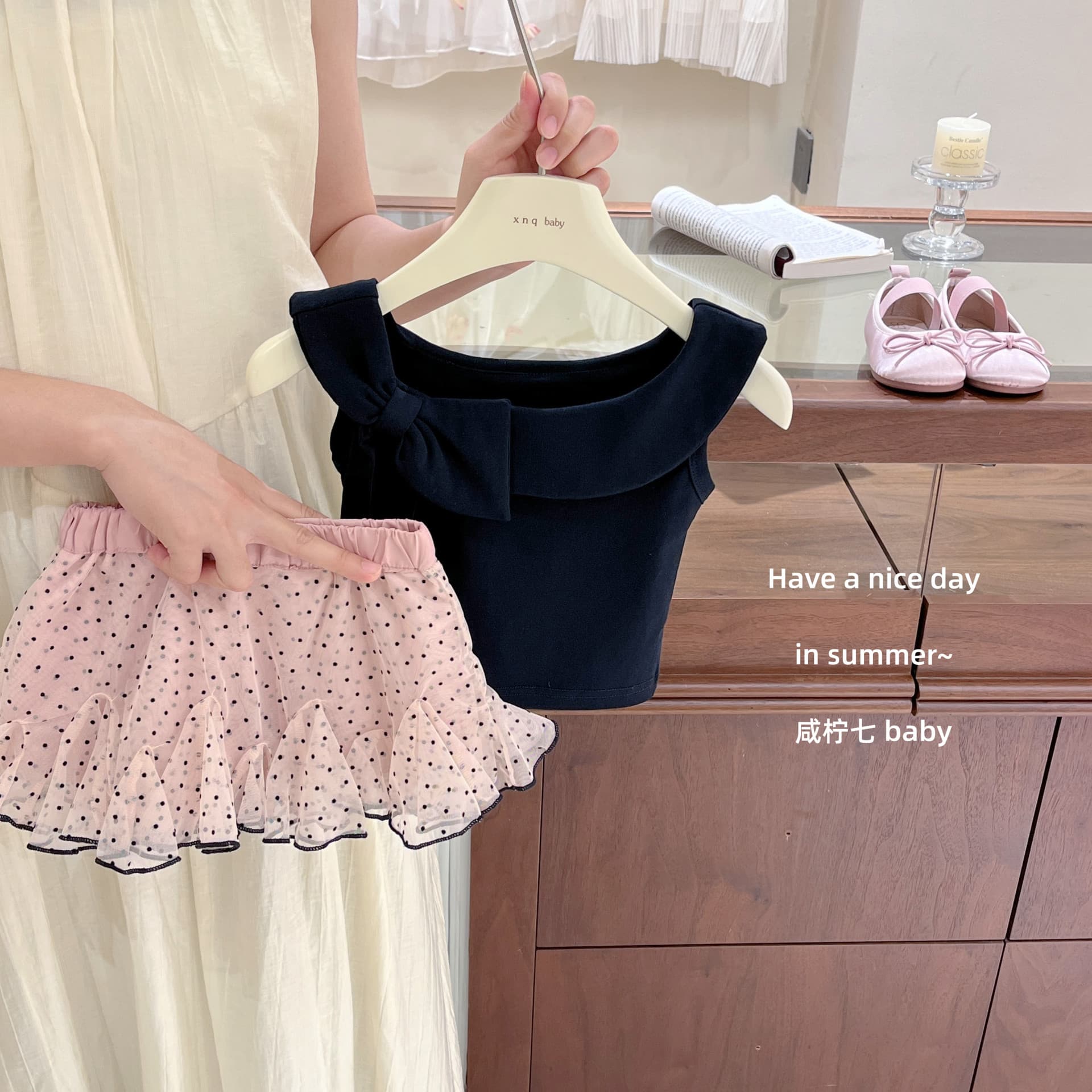 [Xian Ning Qi] Summer Gentle Korean Girl Bow One Shoulder Vest + Polka Dot Mesh Cake Skirt