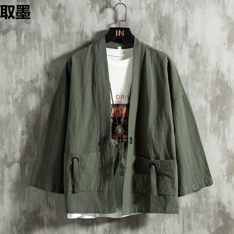 Summer Chinese-style feather-woven robe men's Hanfu cardigan cotton linen Japanese kimono linen three-quarter sleeve shirt with fleece lining