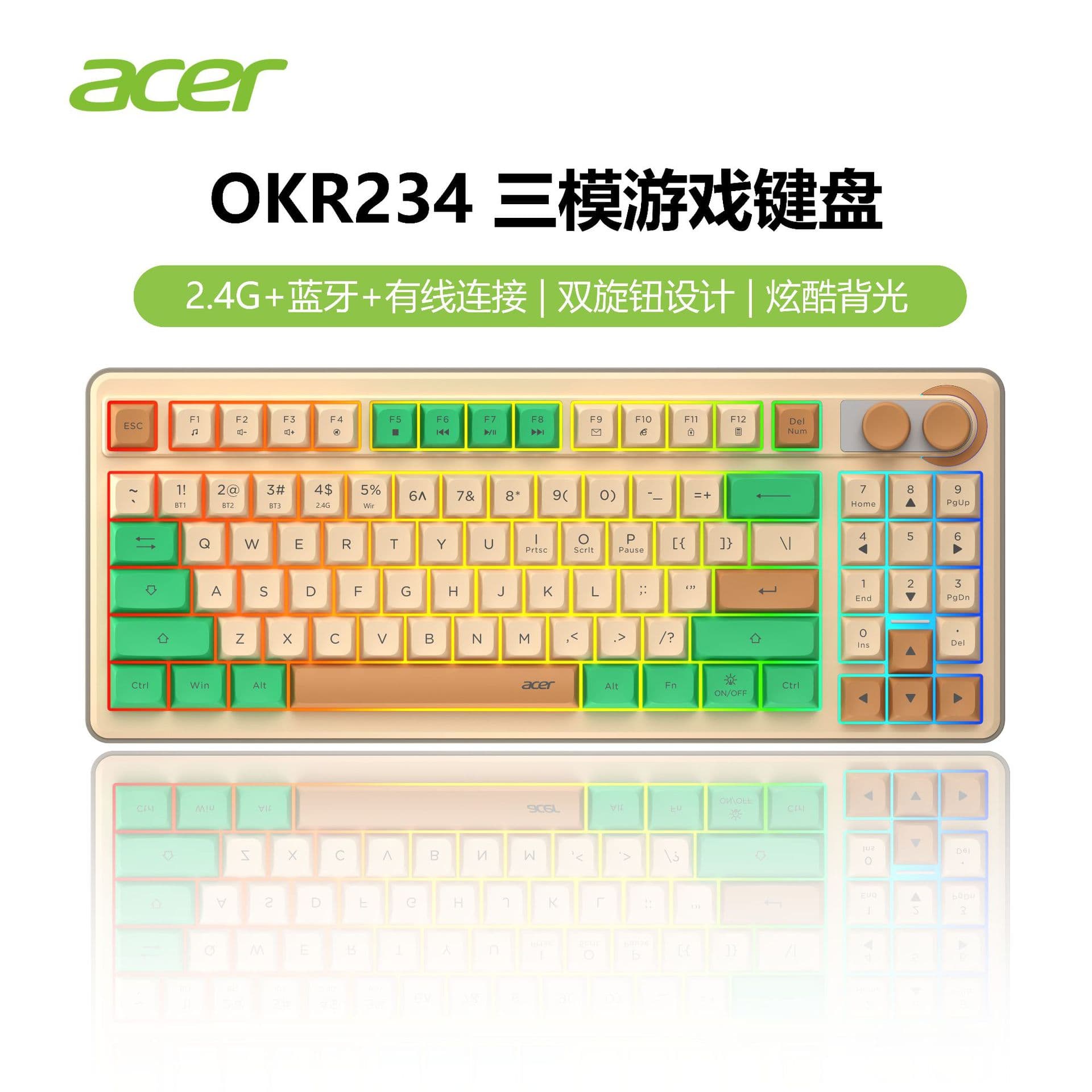 acer OKR234 Three-Mode Illuminated Keyboard 90 Keys Dual Knob Silent Long Battery Life for Desktop and Laptop