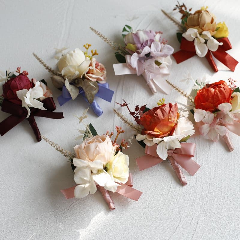 European and Korean-style Vintage Simulated Peony and Hydrangea Wrist Flowers for Bridesmaids, Groom's Boutonnieres