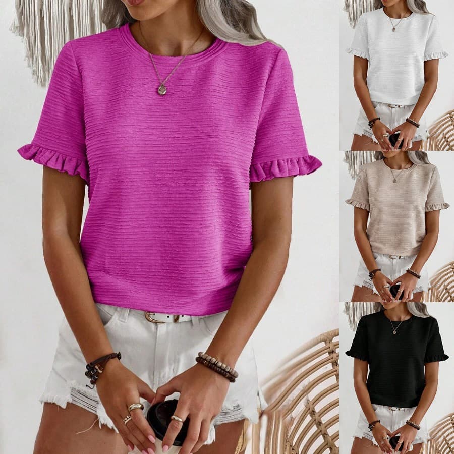 2024 Cross-Border European and American Women's Clothing Amazon Independent Station Spring and Summer New Round Neck Ruffled Short Sleeve T-Shirt Jacket