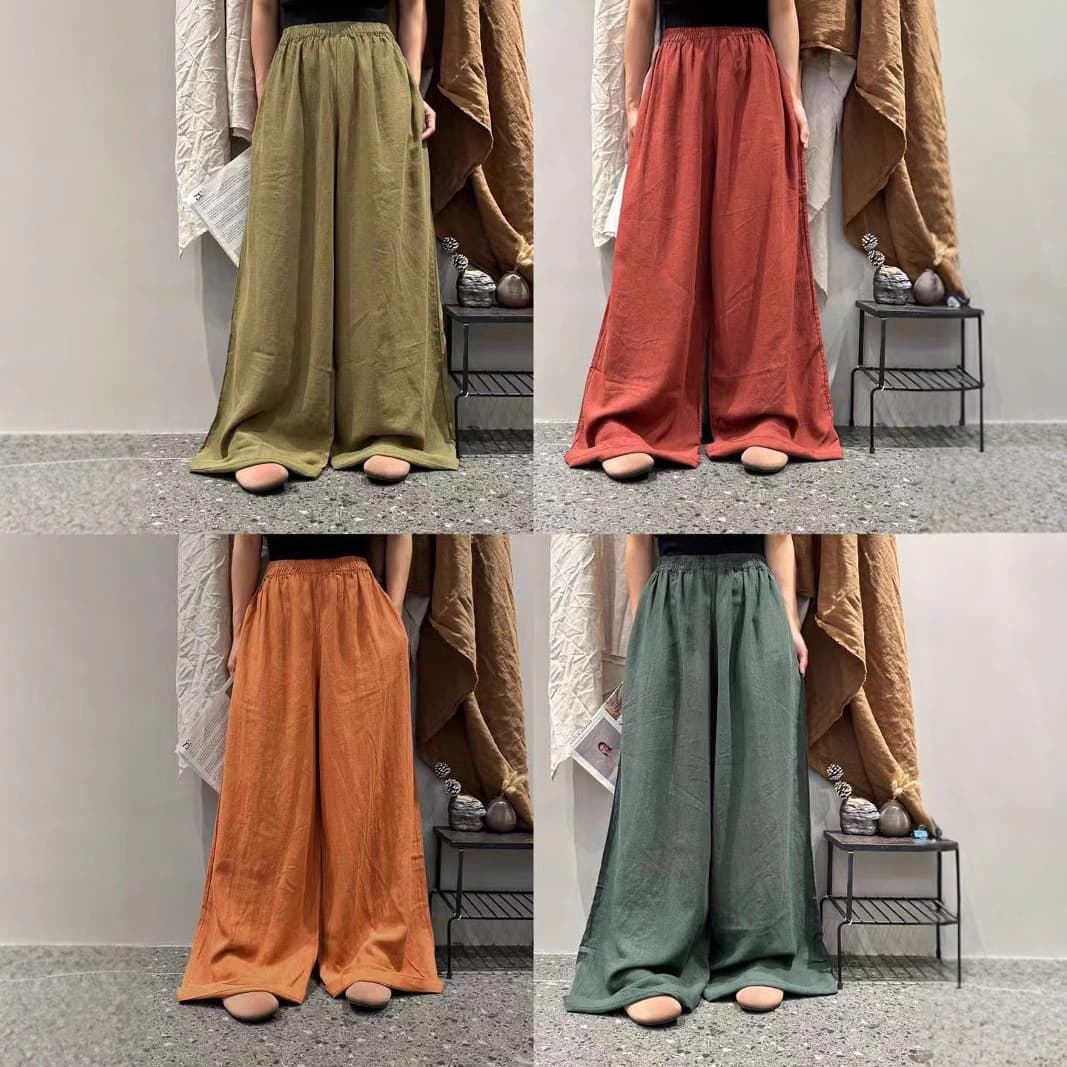 cz8999 Versatile High-Waist Linen Fashion Loose Casual Retro Flowing Wide-Leg Pants New Solid Color Straight-Leg Pants for Women