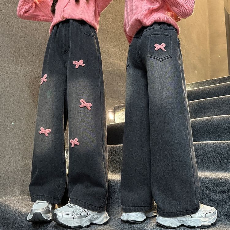 Towel Embroidered Girls Jeans Spring Autumn 2025 New Children Pants Girls Older Kids Straight Leg Pants Girls Wide Leg Trousers