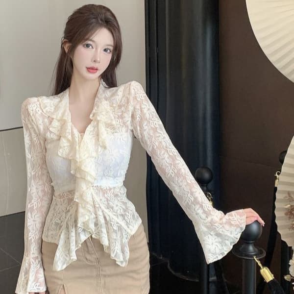 Autumn new design versatile long-sleeved French V-neck ruffled hollow lace shirt women's top ins