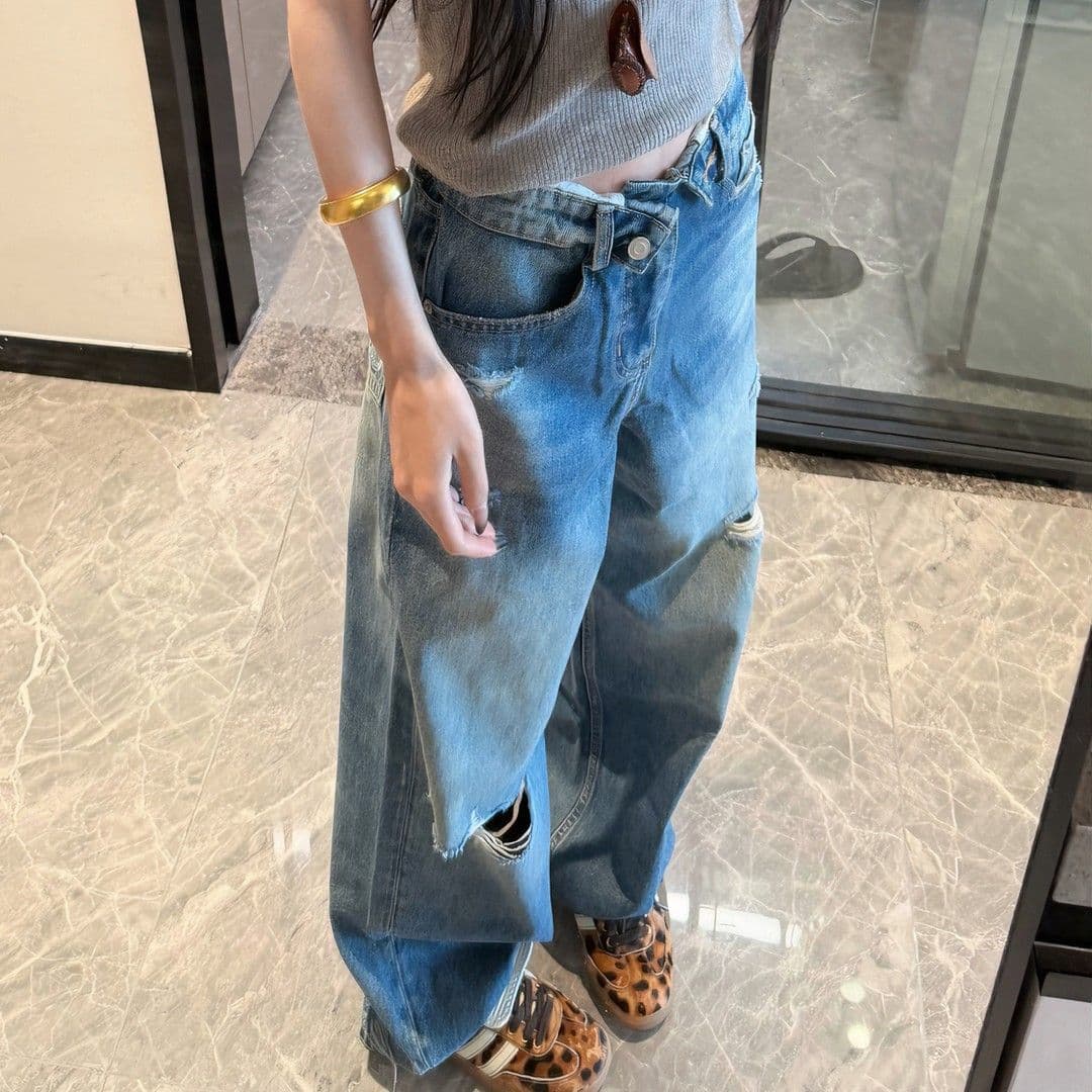 Distressed Design Wide-Leg Jeans 2026 New Style Slimming Versatile Unique Trendy Ins Fashion