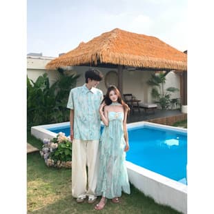 2026 Summer Pure Floral Print Crop Top Halter Strapless Dress Backless Irregular Resort Long Dress Couple Outfits