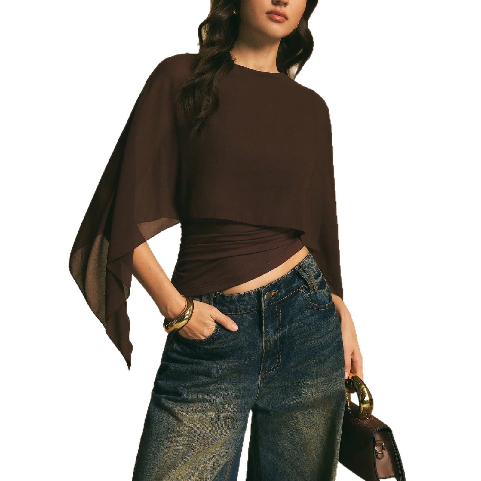 2026 Summer New Cross-Border Women's Cape Sleeve T-Shirt, Round Neck Loose Chiffon Cover-Up, Elegant Asymmetric Top