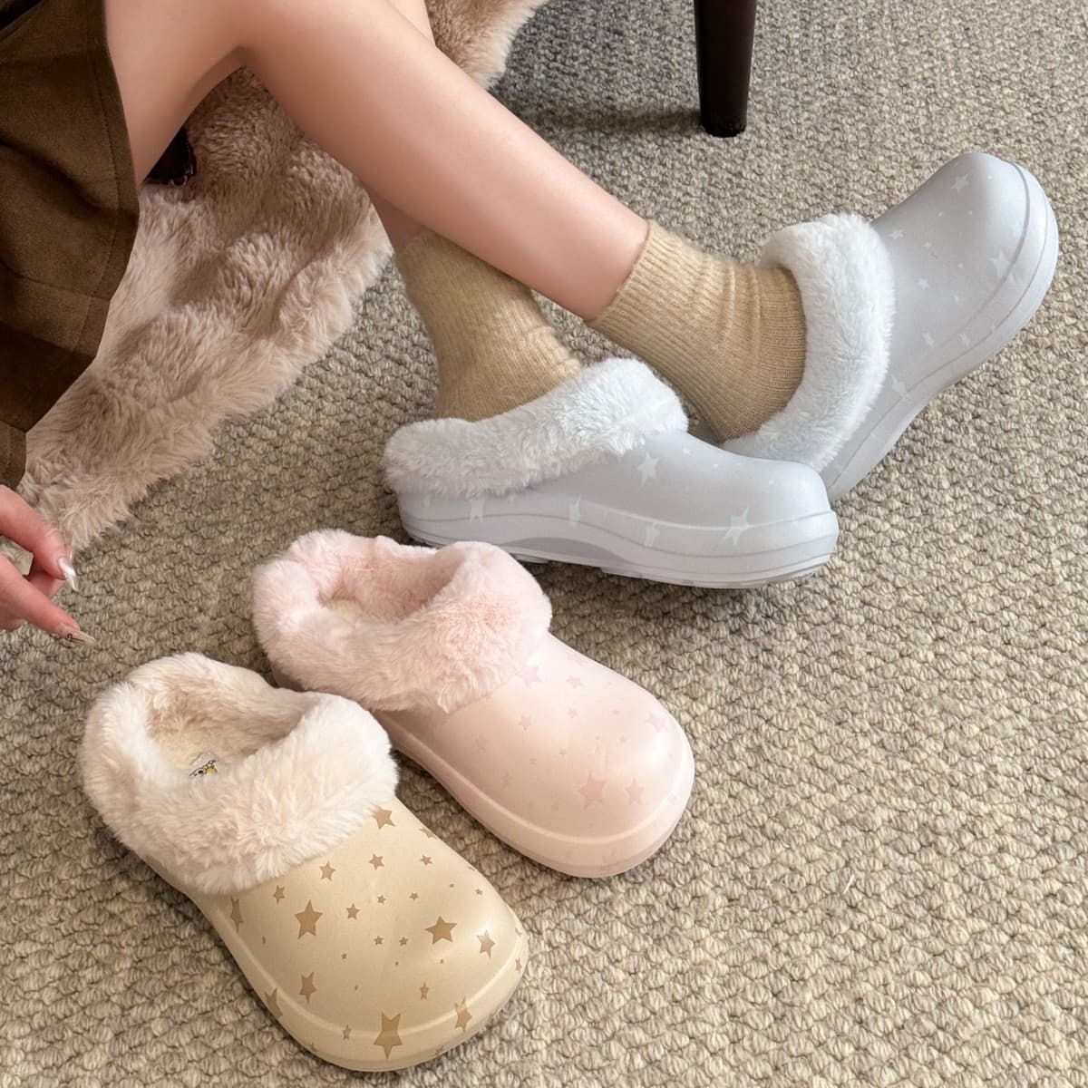 Fashion Star Cotton Slippers Outdoor Waterproof Oil-Resistant Height-Increasing Plush Thick Winter Warm Semi-Cover Chef Shoes Women