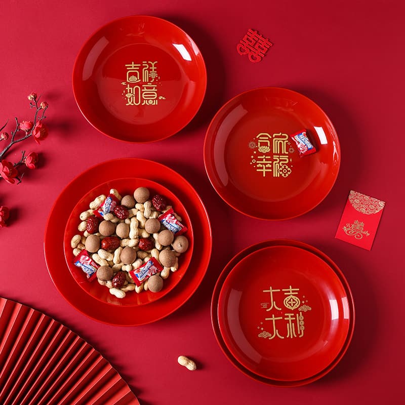 Red Housewarming Fruit Tray for Moving into New Home Decoration, Opening Celebration, Dried Fruits, Candy, and Snack Dish