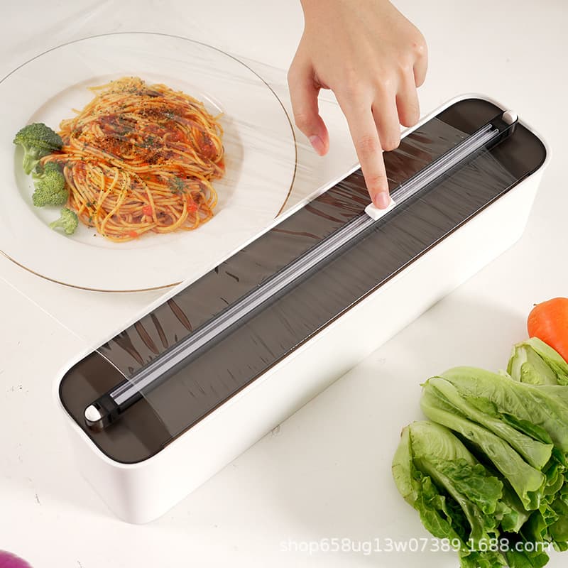 Large roll cling film cutter with magnetic hooks for wall hanging without holes; aluminum foil and baking paper cutter for storage.