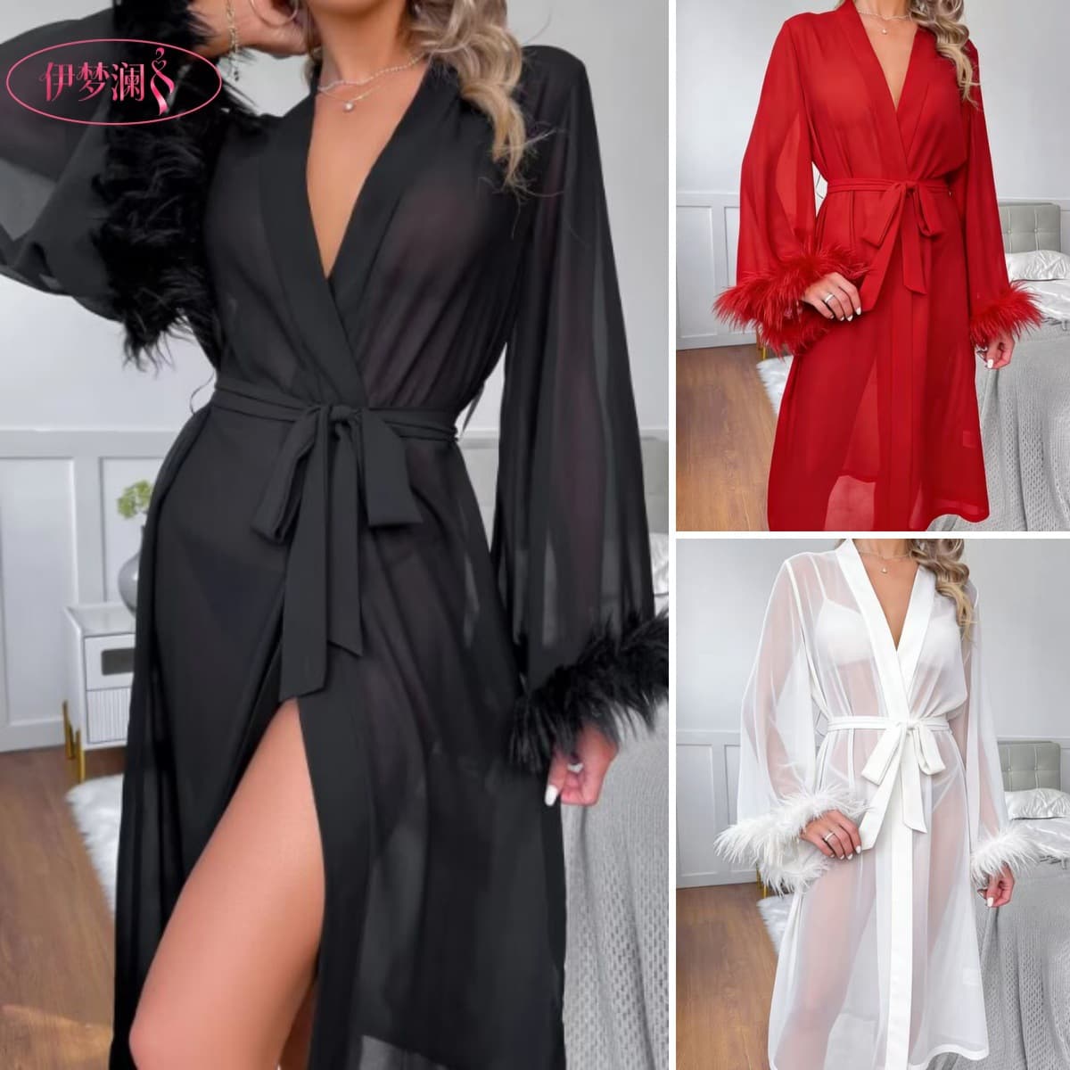 Yimenglan European and American Style Summer New Silk-like Feather Long Sleeve Pajama Robe Comfortable Tie Belt Women's Mesh Robe