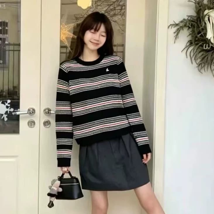 Original high-quality contrast striped round neck long-sleeved wool sweater + long-sleeved women's retro college style top new style